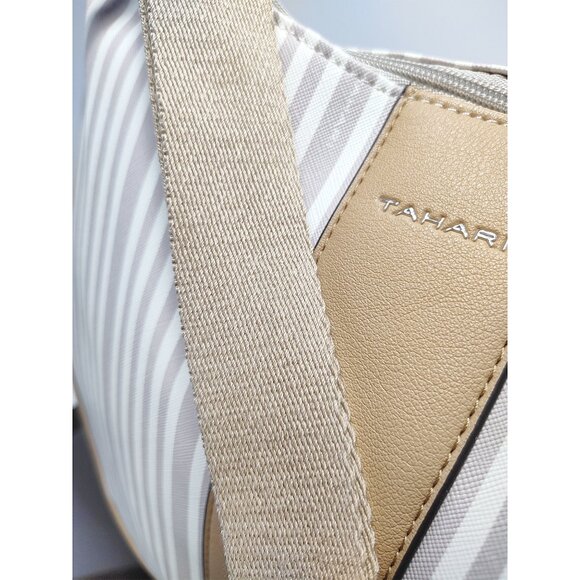 NWT Tahari Logo Hobo Handbag Striped Purse Satchel Vegan Recycled Beige $139 12" - Picture 10 of 13